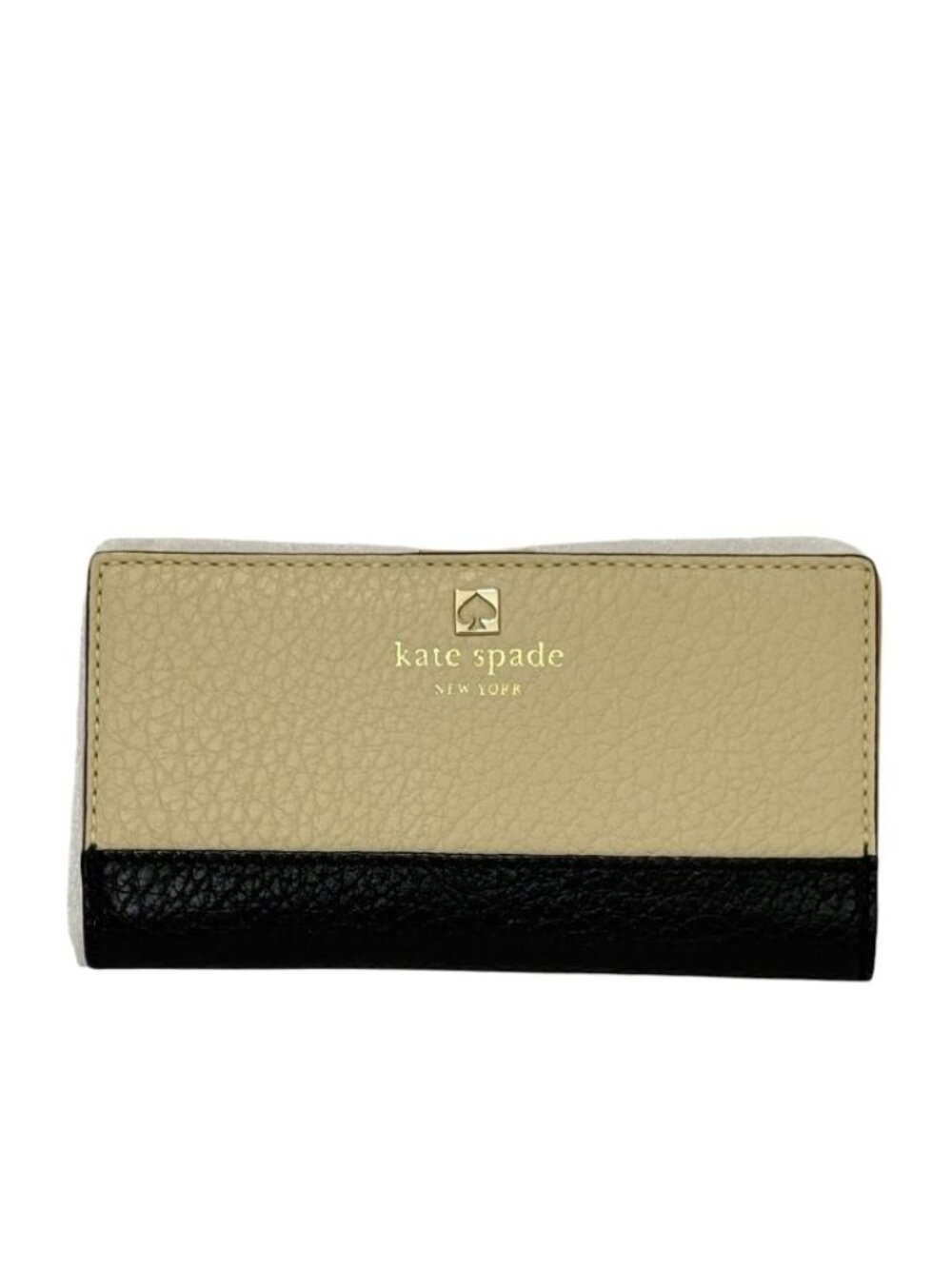 Kate Spade NEW Pebbled Leather Colorblock Slim Wallet Bi-Fold Tan Black Gold